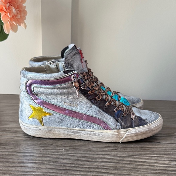 Golden Goose Slide High Top Sneaker metallic Silver and multicolor Size 39 - Picture 1 of 6